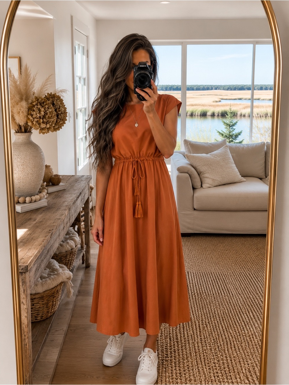 NWT Orange Cotton Round Neck drawstring waist shirt sleeve Midi Dress Large
